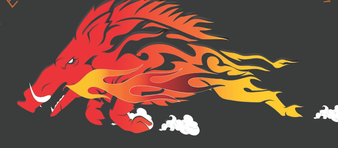 The BBQ Beast mark — a flaming razorback boar, from the crew's own menu